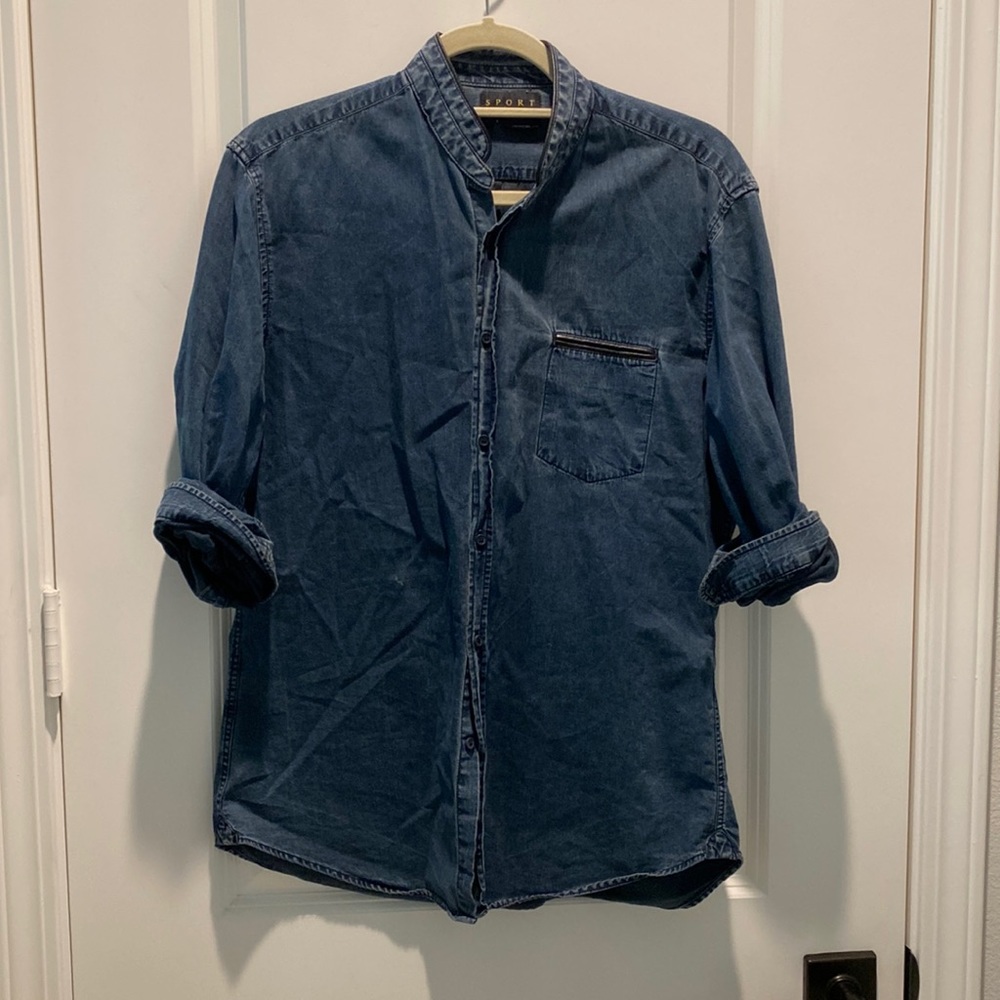 KOOPLES denim shirt with leather detailing